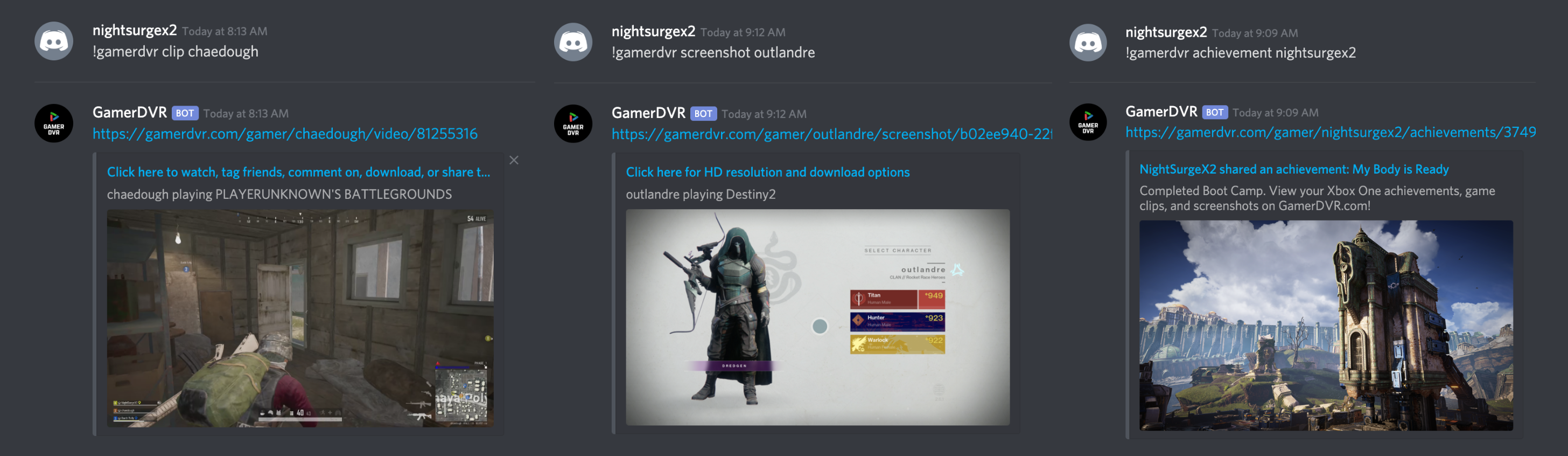 Examples of Xbox Discord commands with their responses